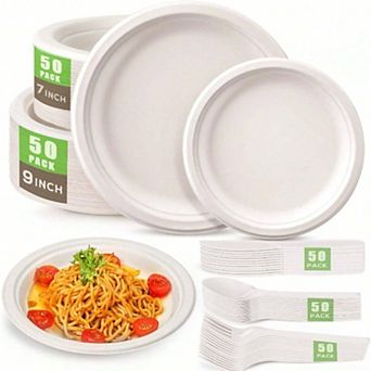Compostable Dinnerware Kit: 250 pc Eco Friendly Plates, Cutlery for Parties