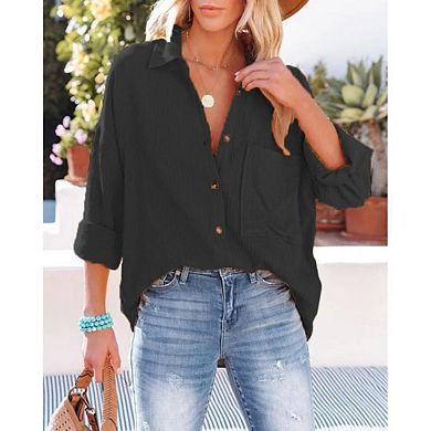 Women's Casual Shirts Long Sleeve Button Down Blouses Solid Color Trendy Tops with Pocket
