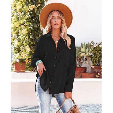 Women's Casual Shirts Long Sleeve Button Down Blouses Solid Color Trendy Tops with Pocket