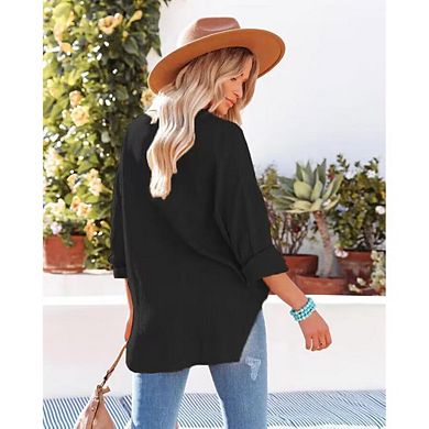 Women's Casual Shirts Long Sleeve Button Down Blouses Solid Color Trendy Tops with Pocket