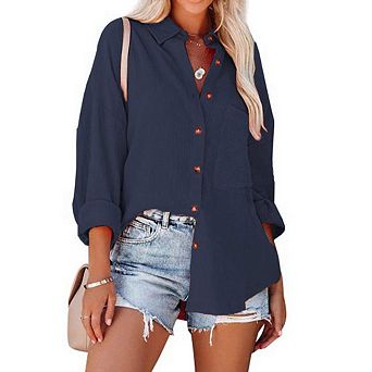 Women's Casual Shirts Long Sleeve Button Down Blouses Solid Color Trendy Tops with Pocket