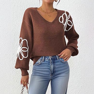 Women's V Neck Floral Printing Pullover Sweaters Drop Shoulder Casual Knit Tops