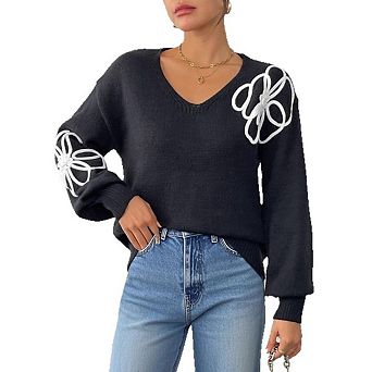 Women's V Neck Floral Printing Pullover Sweaters Drop Shoulder Casual Knit Tops