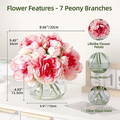 Silk Champagne Peony in Glass Vase with Faux Water