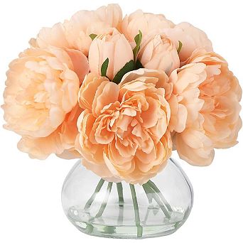 Silk Champagne Peony in Glass Vase with Faux Water