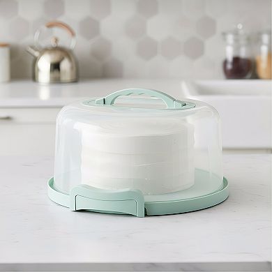 Green Two-Sided Round Cake Carrier, Portable with Handle Fits 10" Cake