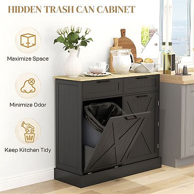 Farmhouse Tilt-Out Trash Can Cabinet with Drawers and Side Spice Rack