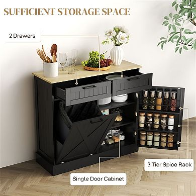 Farmhouse Tilt-Out Trash Can Cabinet with Drawers and Side Spice Rack