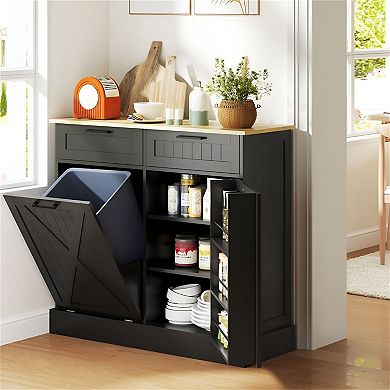 Farmhouse Tilt-Out Trash Can Cabinet with Drawers and Side Spice Rack