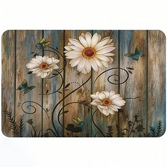 Vintage Wood Daisy Floor Mat, Non-Slip Floral Butterfly Decorative Mat
