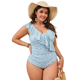 Womens Plus Size Swimsuits Ruffled One Piece Flounce Sleeve Swimwear V Neck Bathing Suit