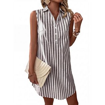 Women's Striped Shirt Dress Summer Casual Dress V-Neck Half Button Placket Design