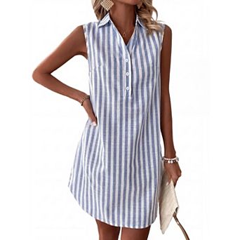 Women's Striped Shirt Dress Summer Casual Dress V-Neck Half Button Placket Design