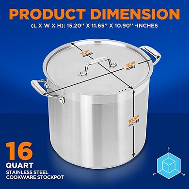NutriChef 16 Qt Stainless Steel Stockpot Lid Included, Induction & Dishwasher Safe