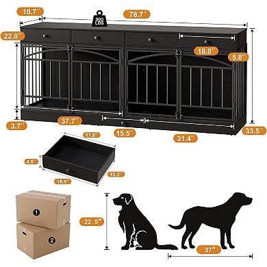 78.7" Double Dog Crate Furniture with Storage and 4 Doors for Small Medium Dogs