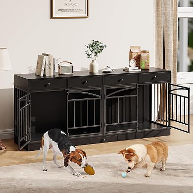 78.7" Double Dog Crate Furniture with Storage and 4 Doors for Small Medium Dogs