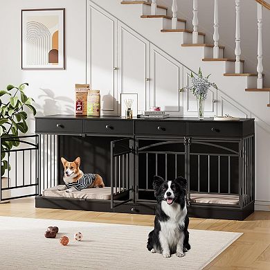 78.7" Double Dog Crate Furniture with Storage and 4 Doors for Small Medium Dogs
