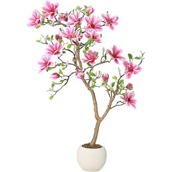4ft artificial magnolia tree with pink blooms, silk, indoor/outdoor, no maintenance.