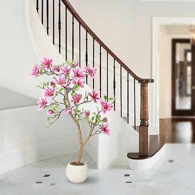 4ft artificial magnolia tree with pink blooms, silk, indoor/outdoor, no maintenance.