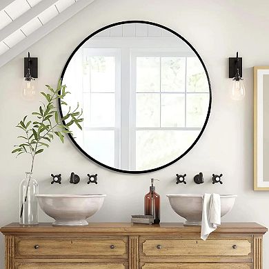 KWPZQEB 42 Inch Modern Metal Frame Round Bathroom Mirror for Wall, Entryway, Bathroom