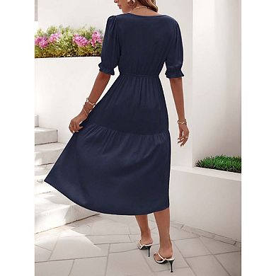 Seoria Short Sleeve Ruffle V Neck Midi Dress with Pockets