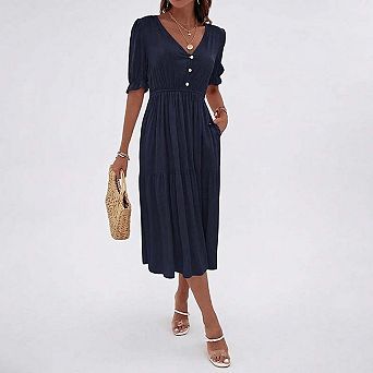 Seoria Short Sleeve Ruffle V Neck Midi Dress with Pockets