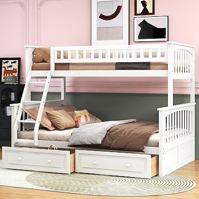 KWPZQEB Modern Pine Twin over Full Bunk Bed with 2 Drawers & Guardrails, Convertible Bed