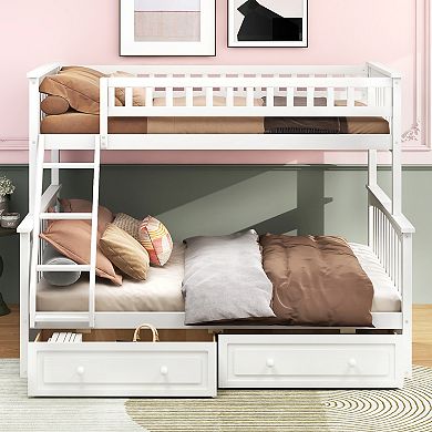 KWPZQEB Modern Pine Twin over Full Bunk Bed with 2 Drawers & Guardrails, Convertible Bed