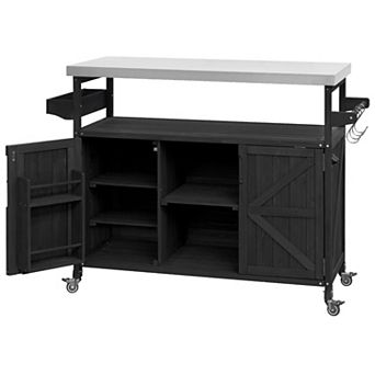 KWPZQEB Outdoor Rolling Bar Cart with Barn Door Storage Cabinet & Stainless Steel Top