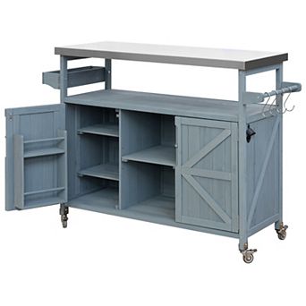 KWPZQEB Outdoor Rolling Bar Cart with Barn Door Storage Cabinet & Stainless Steel Top