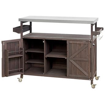 KWPZQEB Outdoor Rolling Bar Cart with Barn Door Storage Cabinet & Stainless Steel Top