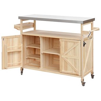 KWPZQEB Outdoor Rolling Bar Cart with Barn Door Storage Cabinet & Stainless Steel Top