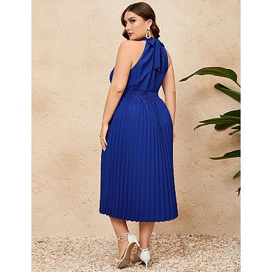 Women's Plus Size Pleated Sleeveless V-Neck Casual Swing Midi Dress