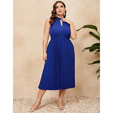 Women's Plus Size Pleated Sleeveless V-Neck Casual Swing Midi Dress