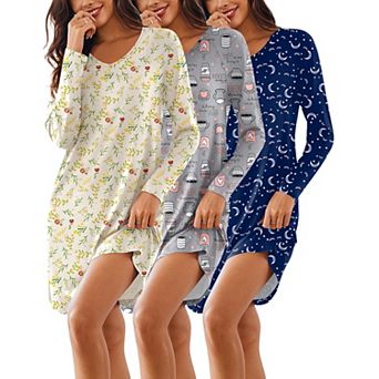 Ekouaer 3 Pack Nightgowns for Women Long Sleeve Sleep Shirt for Adult Soft Boyfriend Pajama Dress