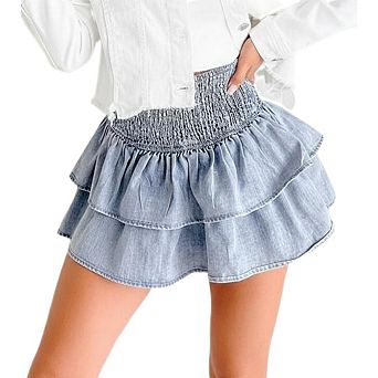 Women's Ruffle Denim Skirts Drop Low Waist A Line Casual Tiered Layer Hem Mini Jean Skirt