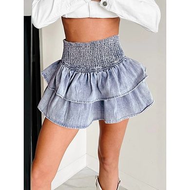 Women's Ruffle Denim Skirts Drop Low Waist A Line Casual Tiered Layer Hem Mini Jean Skirt