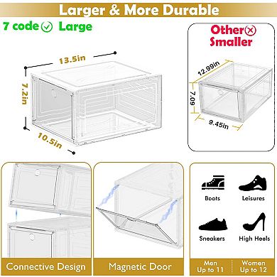 Clear Stackable Shoe Storage Organizer with Magnetic Door Plastic 6 Pack 13.5x10.5x7.2 Inch