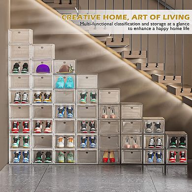 Clear Stackable Shoe Storage Organizer with Magnetic Door Plastic 6 Pack 13.5x10.5x7.2 Inch