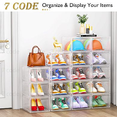 Clear Stackable Shoe Storage Organizer with Magnetic Door Plastic 6 Pack 13.5x10.5x7.2 Inch