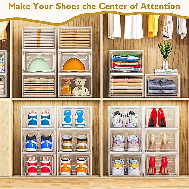 Clear Stackable Shoe Storage Organizer with Magnetic Door Plastic 6 Pack 13.5x10.5x7.2 Inch
