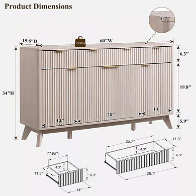 Modern 60" Buffet Cabinet with 3 Drawers & 4 Doors, Fluted Storage Sideboard for Dining Room