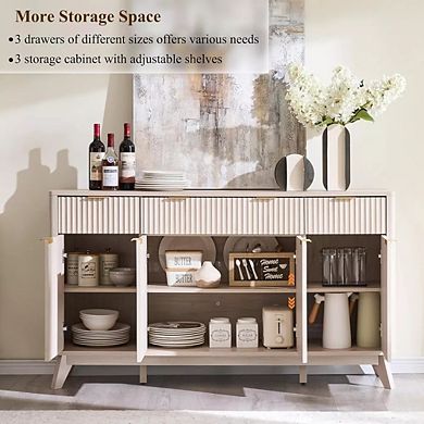 Modern 60" Buffet Cabinet with 3 Drawers & 4 Doors, Fluted Storage Sideboard for Dining Room