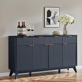 Modern 60" Buffet Cabinet with 3 Drawers & 4 Doors, Fluted Storage Sideboard for Dining Room