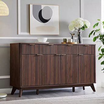 Modern 60" Buffet Cabinet with 3 Drawers & 4 Doors, Fluted Storage Sideboard for Dining Room