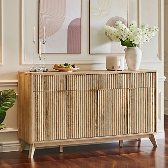Modern 60" Buffet Cabinet with 3 Drawers & 4 Doors, Fluted Storage Sideboard for Dining Room