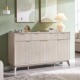 Modern 60" Buffet Cabinet with 3 Drawers & 4 Doors, Fluted Storage Sideboard for Dining Room