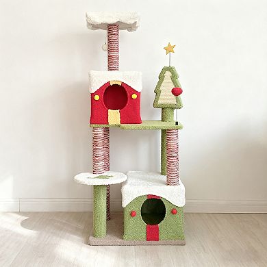 Heybly 54 in Level Cat Tree Tower with 2 Large Condos, Sisal Scratching Posts,Stable Base,Cat Climbe