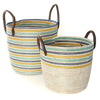 Set of Two Nesting Baskets with Leather Handles