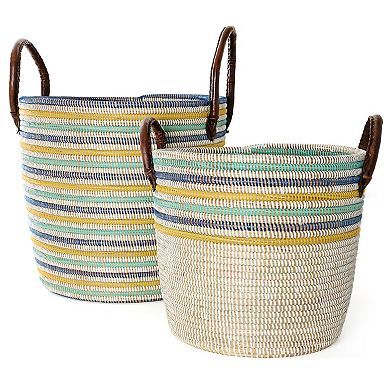Set of Two Nesting Baskets with Leather Handles